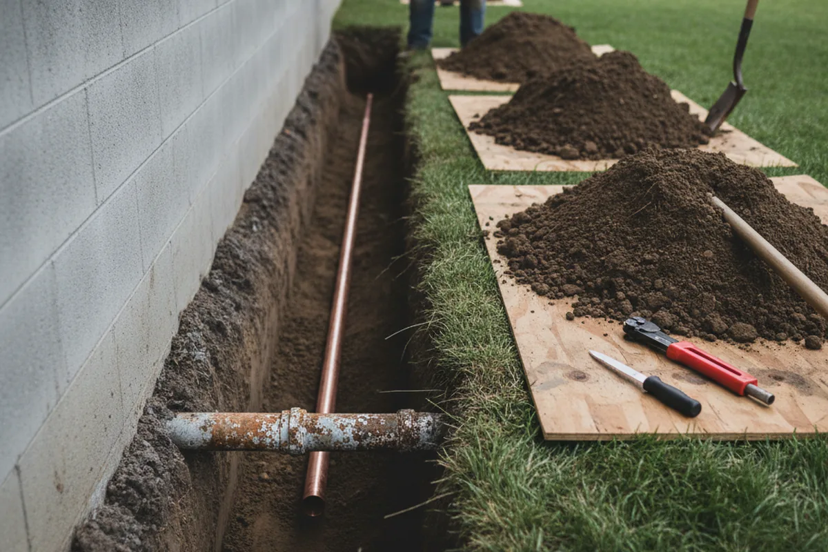 Excavated water line trench during Water Heater Repair in Wayne